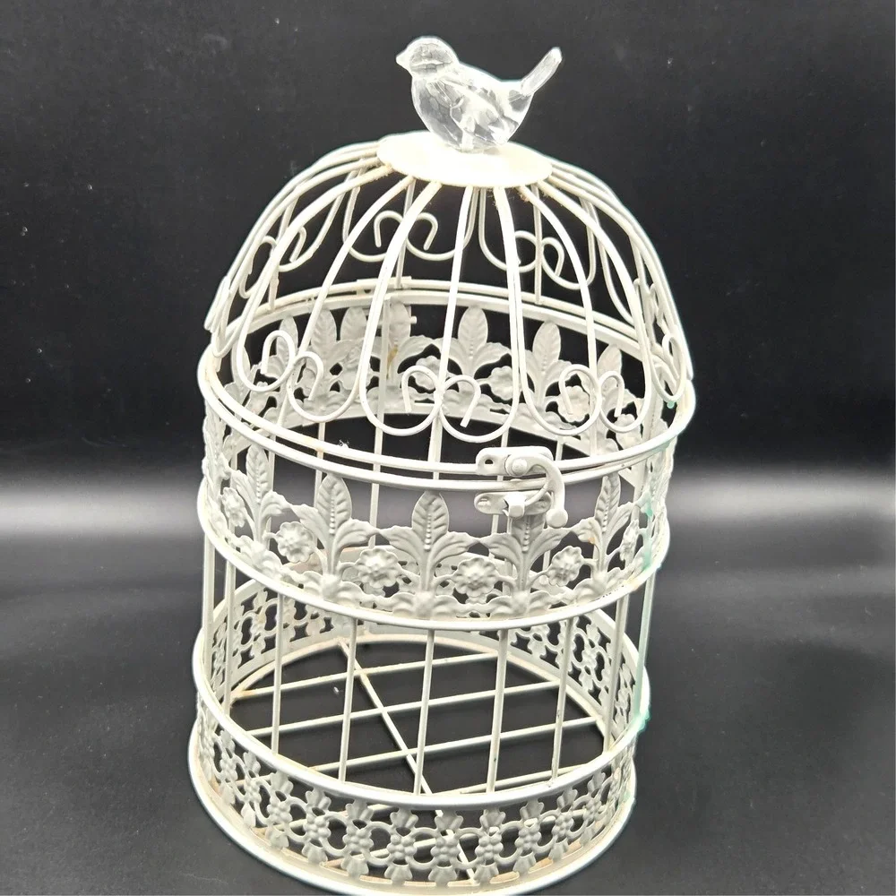 Vintage White Metal Bird Cage with Crystal Clear Bird on Top Cottagecore